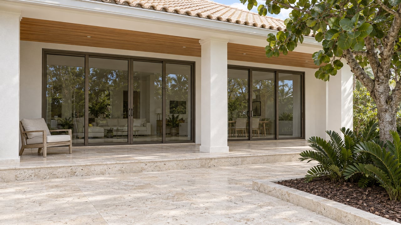 White stucco home with a tiled roof, wood-lined covered terrace, bronze-framed glass doors and a sea grape tree beside limestone paving.