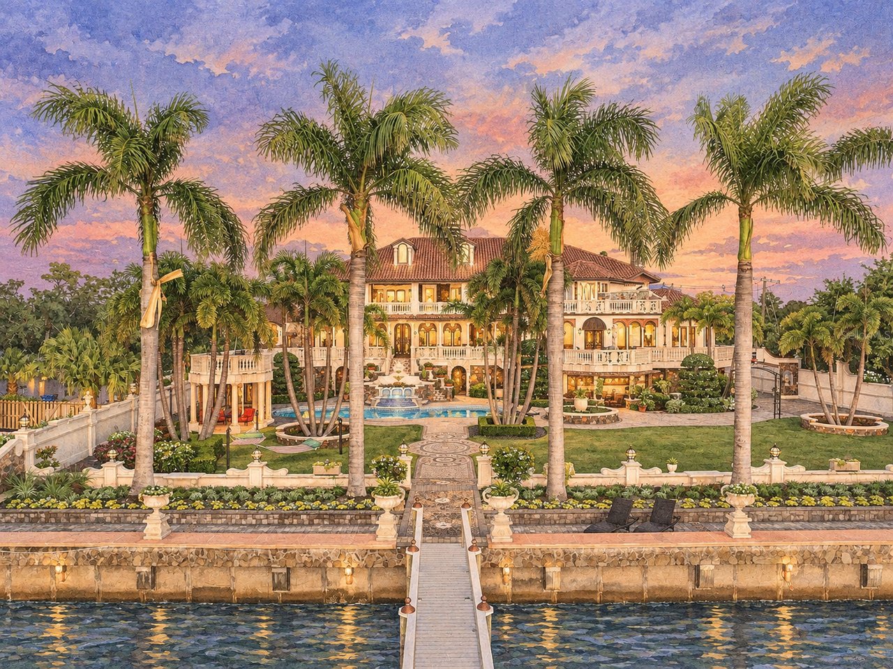 Waterfront estate with palm trees, a pool, and a dock at sunset