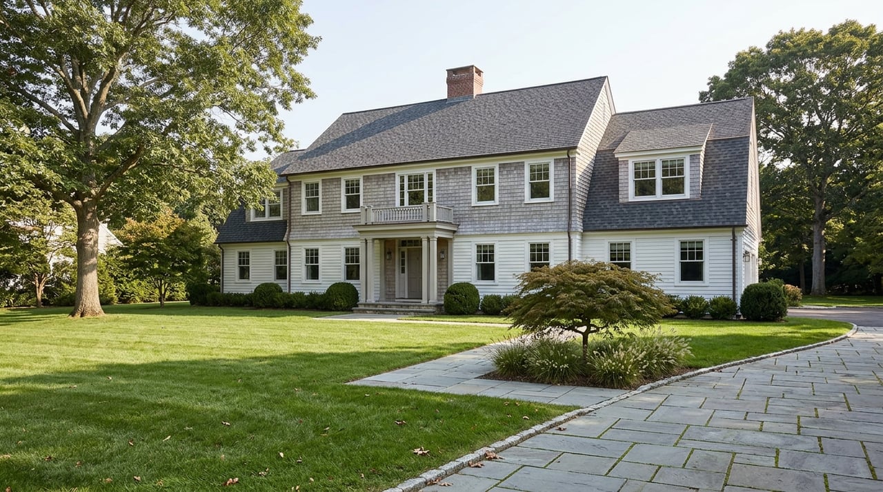 Shingle-and-clapboard colonial with gambrel roof, centered portico, and curved bluestone driveway beyond a deep lawn.