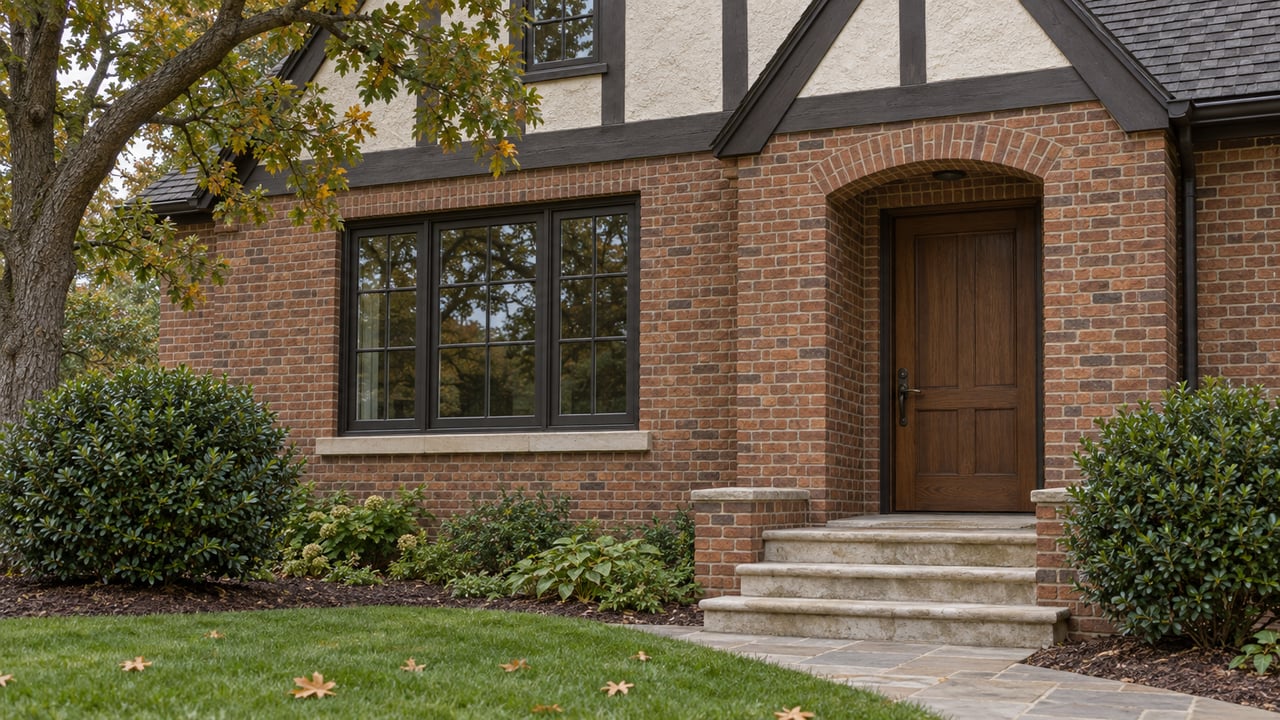 Brick-and-stucco Tudor-style house with recessed oak door, limestone steps, short lawn, and mature oak branches.