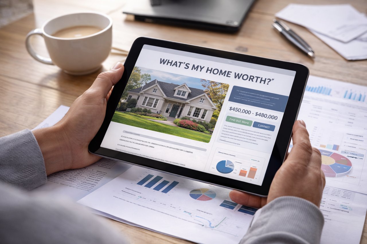 Homeowner reviewing a tablet showing a home value estimate while evaluating what their home is worth in Connecticut