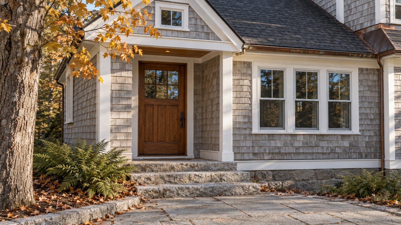 Sunlit cedar-shingled home entry with a glazed oak door, white-trimmed windows and broad granite steps beneath amber maple leaves.