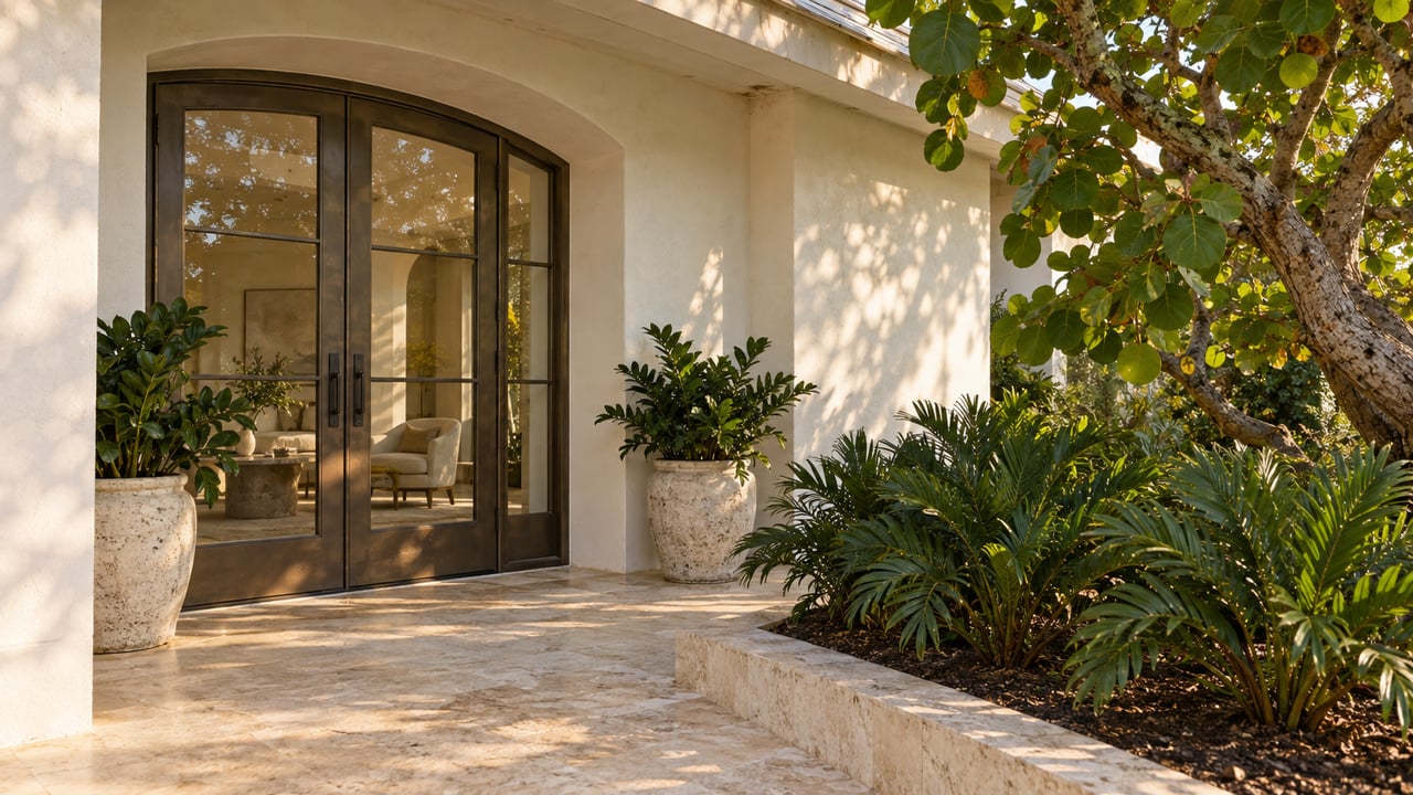 Ivory stucco entry with closed bronze-framed French doors, limestone porch, and sea grape leaves overhead.