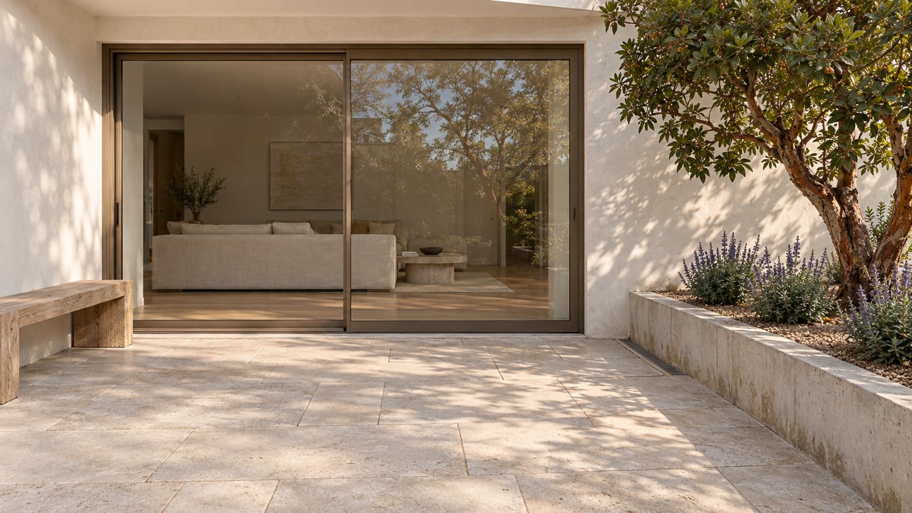 A contemporary home's glazed terrace, with pale stone paving, an oak bench and a strawberry tree in a raised concrete planting bed.