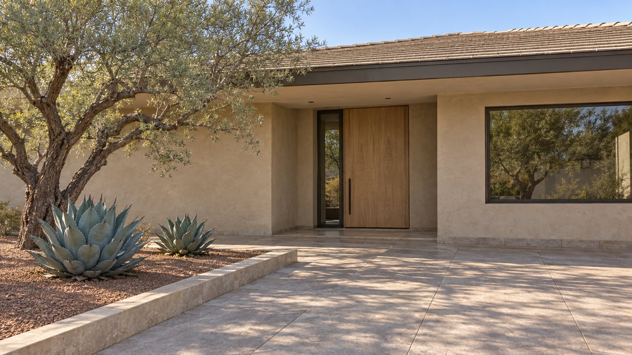 Early morning light on a sand-stucco home with an oak entry door, bronze-framed window, limestone approach and sculptural desert planting.
