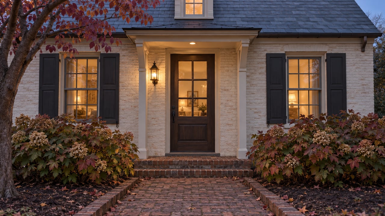 Cream brick cottage with shuttered windows, a glowing entry sconce, and a worn brick walk at blue hour.