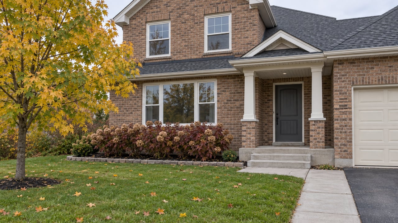Autumn lawn and a young golden maple in front of a two-storey brick home with white-trimmed windows and a covered entry.
