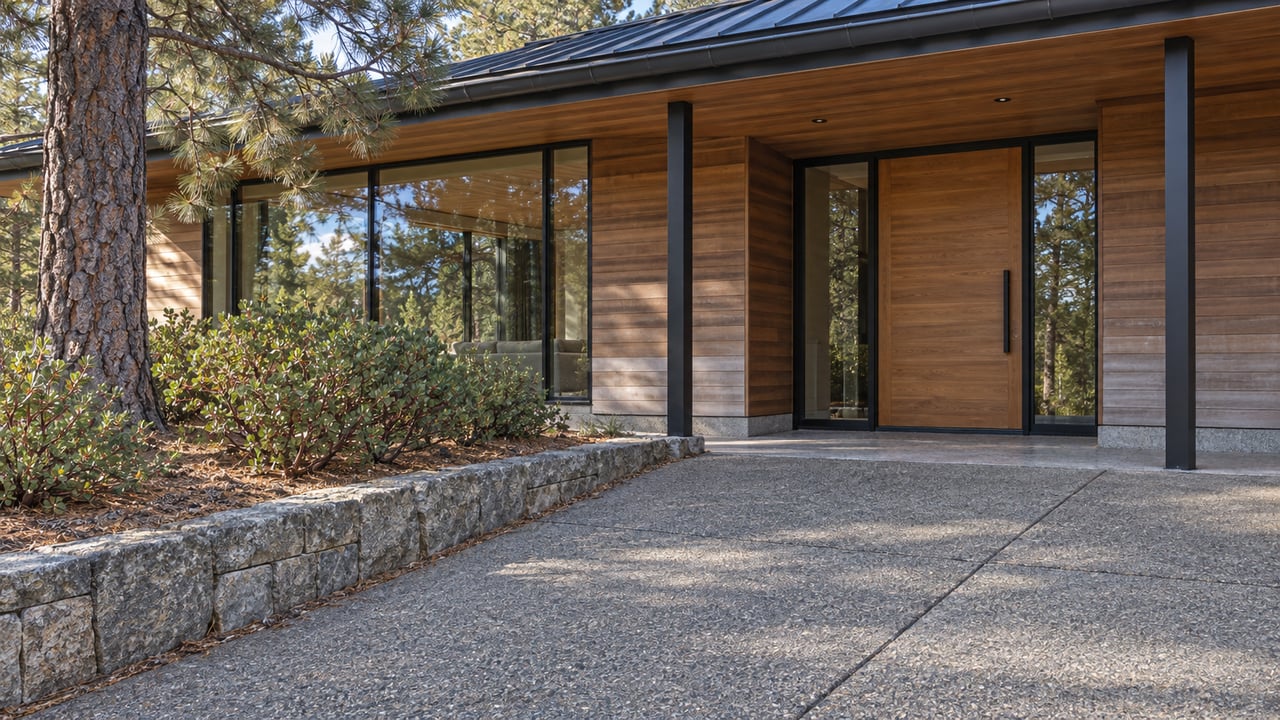 Cedar-clad home with a sheltered glazed entry, granite planting curb and pine beside a dry concrete approach.