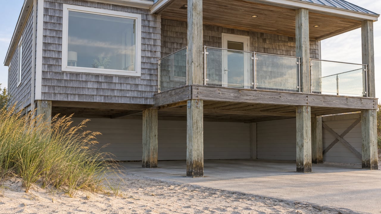 Elevated coastal house with a glass-railed deck, weathered shingles, and beach grass beside the sandy lot.