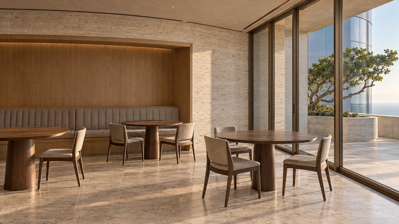 Tower dining lounge with a curved travertine wall, oak banquette, and terrace tree beyond glass doors.