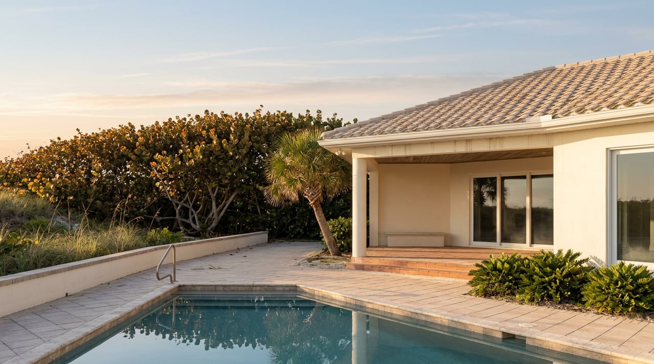 Coastal home and still pool beneath a sea grape hedge, with warm sunrise light casting long shadows across the deck.