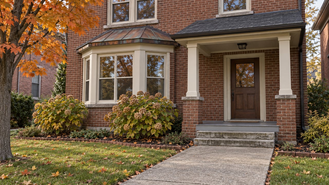 Renovated brick home with tall ivory-framed windows, a covered oak-door entry, and an autumn maple beside a short concrete walk.