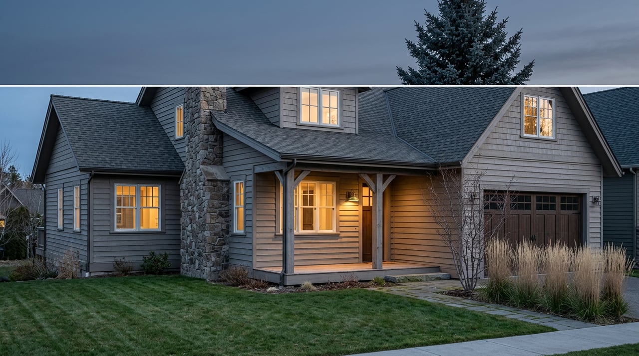 Craftsman lodge glows through multi-pane windows at dusk, with a blue spruce and lawn.
