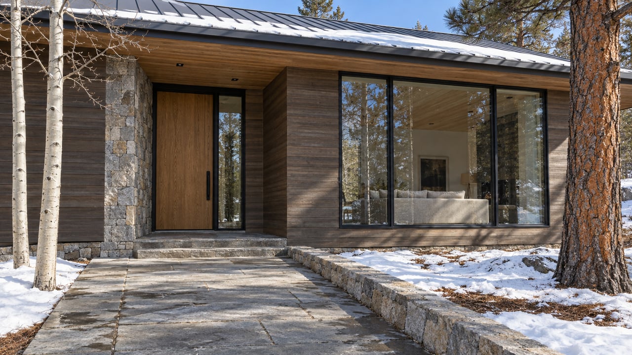 Wood and stone home with a snow-dusted metal roof, black-framed glazing and a cleared stone approach beside ponderosa pine and bare aspen trunks.