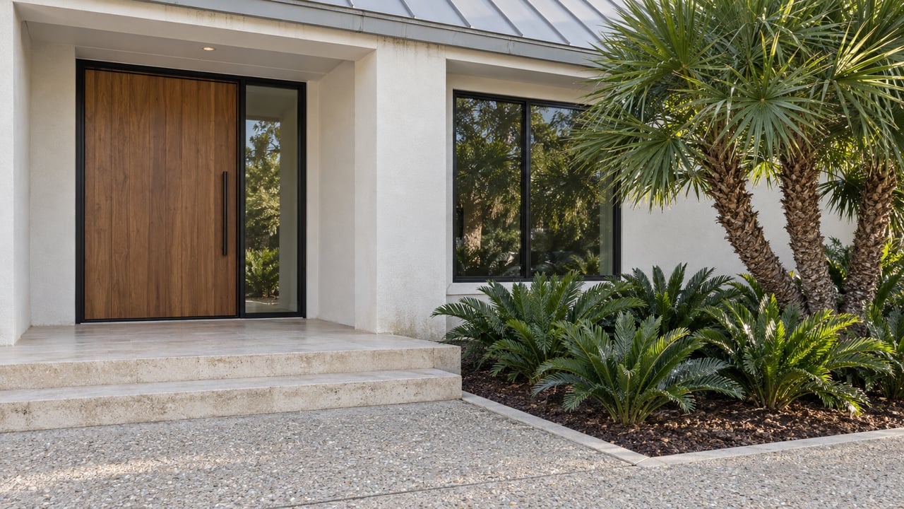 White stucco home entry with a wood door, black-framed glazing, pale stone steps and sculptural saw palmetto planting.