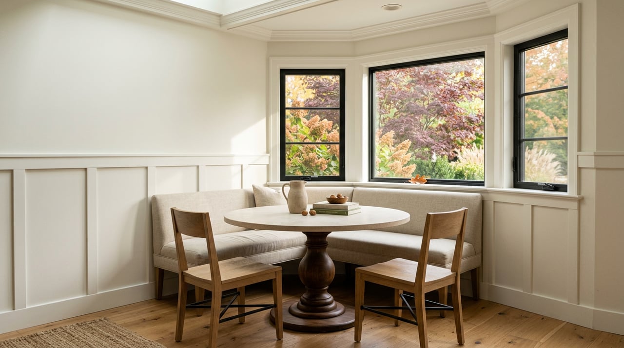Breakfast nook with an oak banquette, round limestone table, walnuts, and burgundy autumn leaves beyond bay windows.