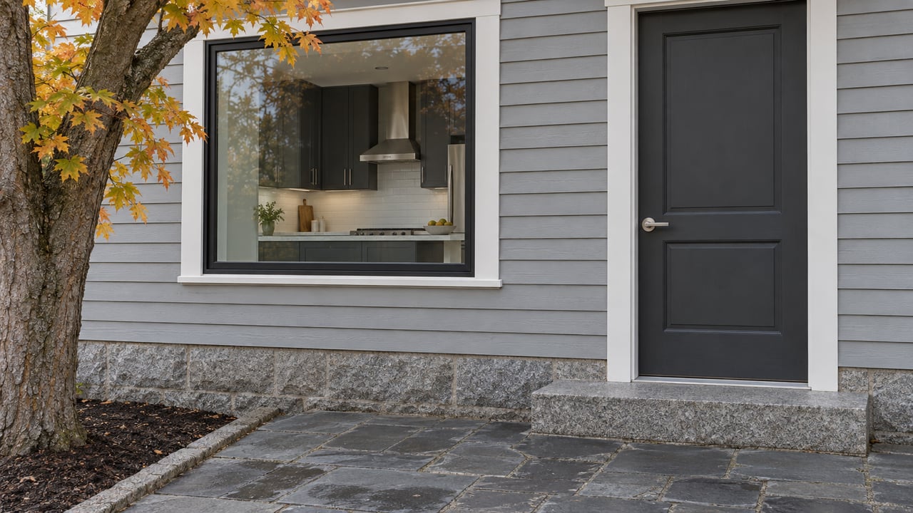Gray clapboard home with a closed kitchen window, charcoal entry door, granite step and slate terrace beside an amber-leaved sugar maple.