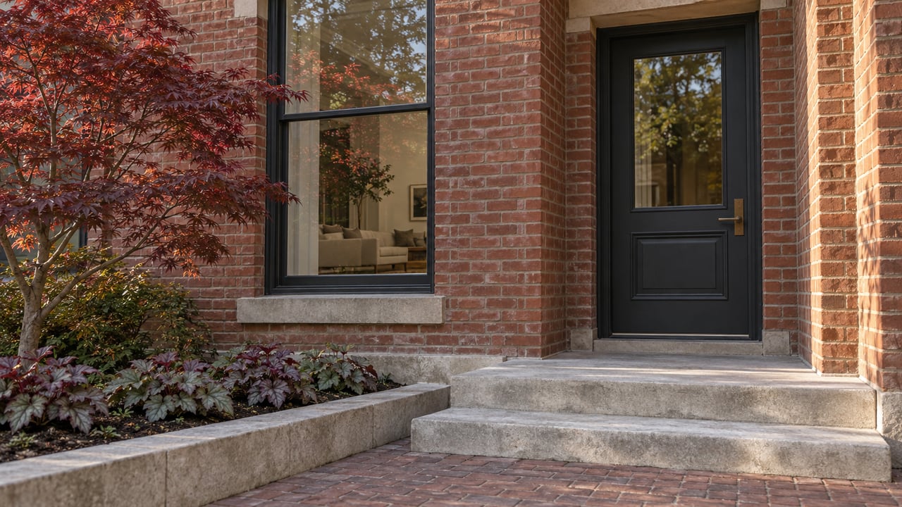 Red-brick townhome entrance with limestone steps, a black-framed window, and a burgundy Japanese maple.