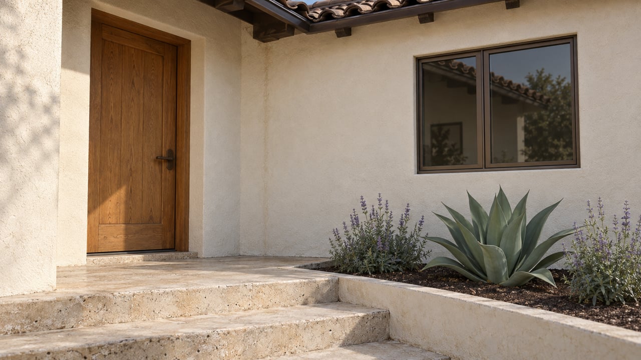 Coastal home entry with a recessed oak door, bronze-framed window, limestone steps, and an agave plant.