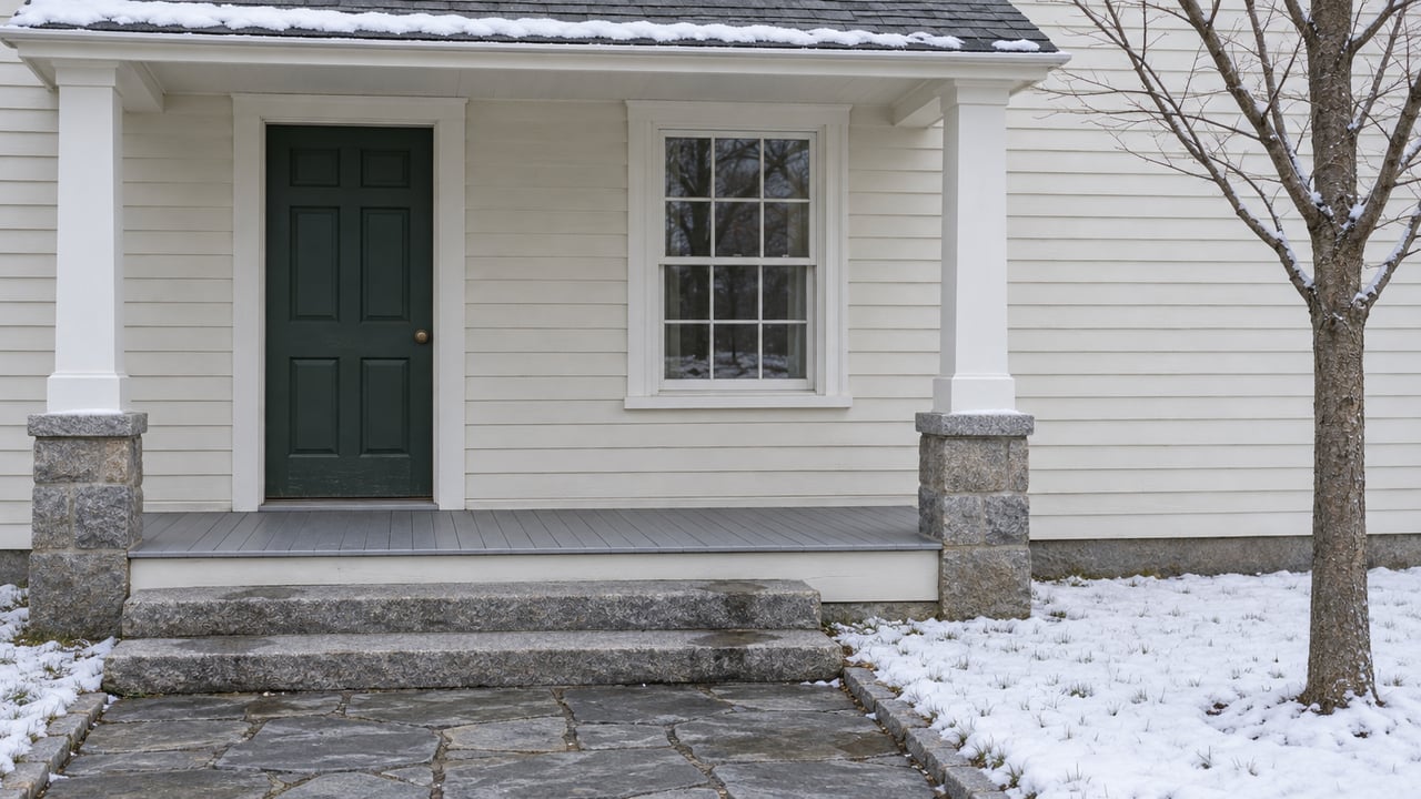 Snow along a stone approach to a clapboard home's covered entry, with a dark green door and white-framed sash window.