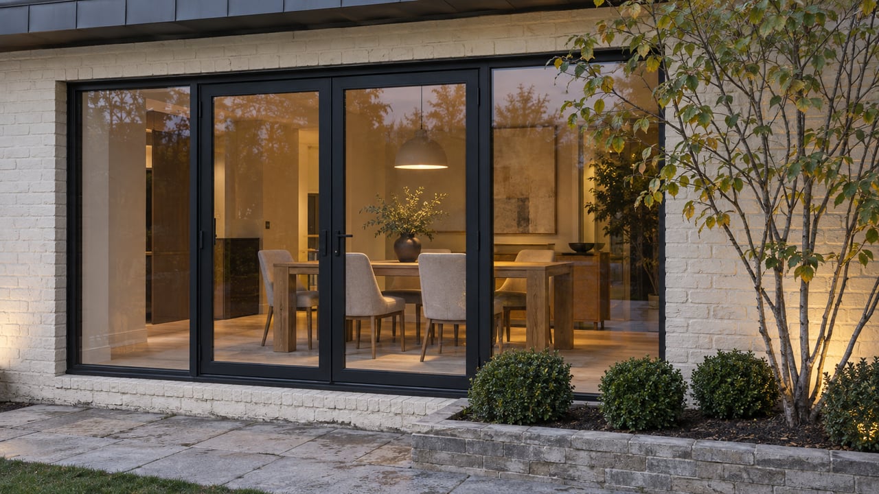 Cream brick dining bay with black-framed glass doors, a warmly lit oak table, and clipped shrubs.