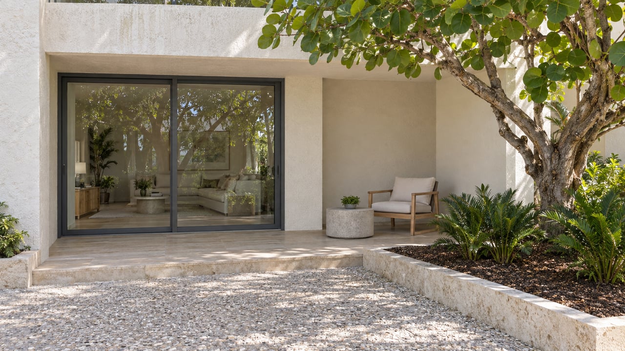 Sunlit pale-stucco condominium terrace with closed glass sliders, a teak chair, shell-aggregate paving, and a sculptural sea grape tree.