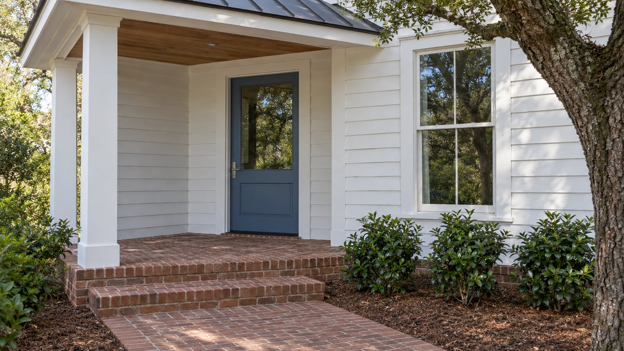 White-sided home with a muted blue glazed front door, warm brick porch steps and a mature live oak at the edge of the frame.