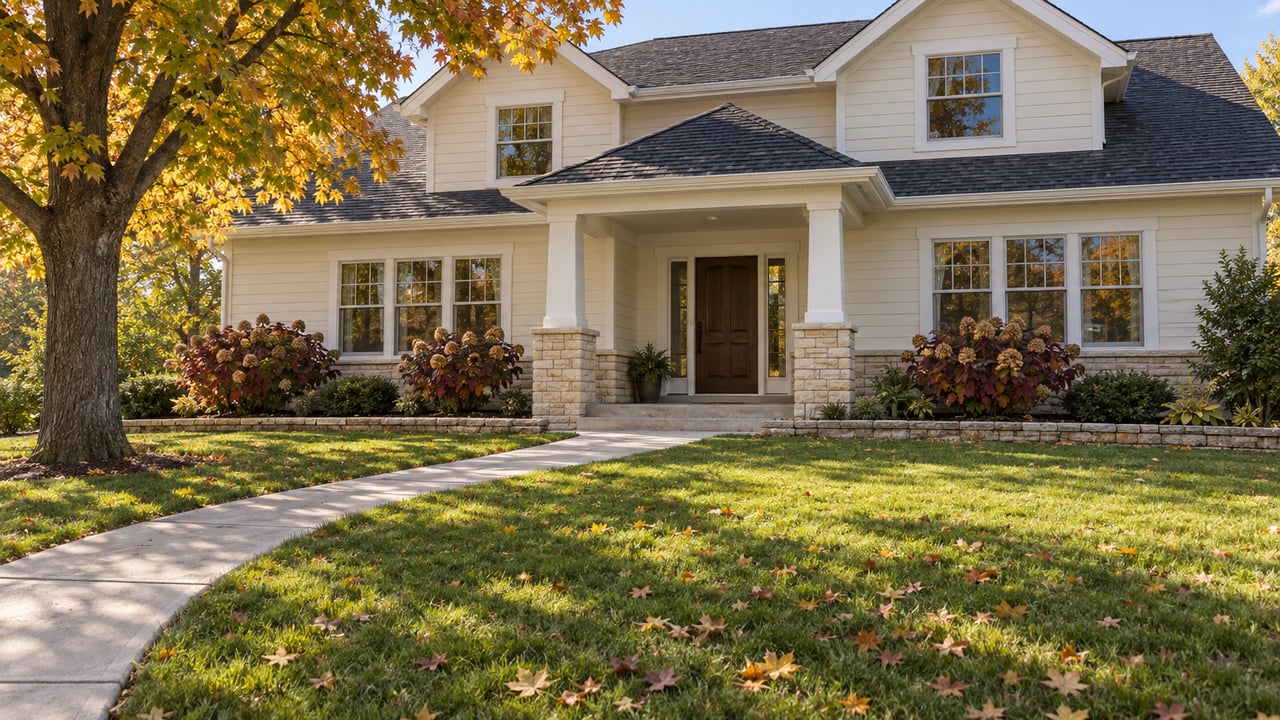 An ivory-sided, gabled home with a covered entry, limestone accents, a deep autumn lawn, and an amber maple.