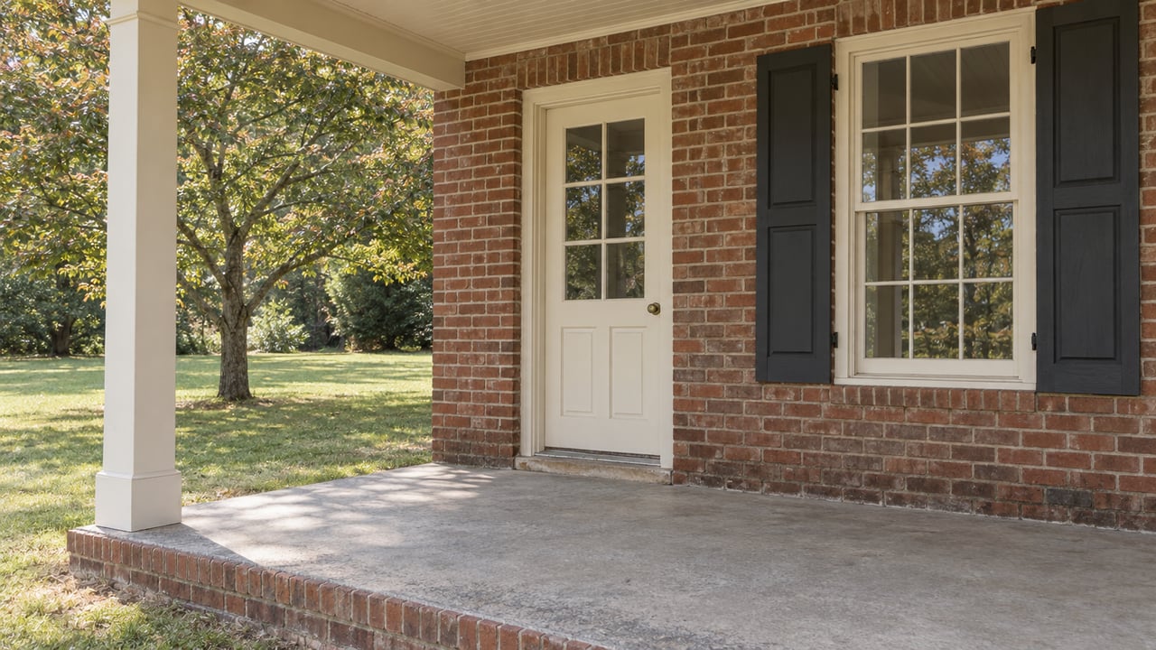 Brick home entry with a cream glazed door, shuttered window and raised concrete porch beside a mature dogwood and lawn.