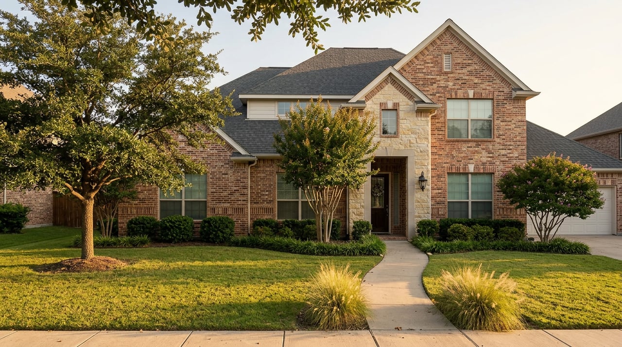 Two-story red and tan brick home behind a broad lawn, with a curved walkway and spreading oak tree.