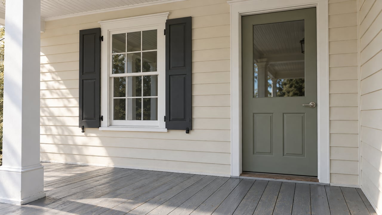 Cream-sided covered porch with a sage glass-paneled door, paired dark window shutters and weathered gray decking.