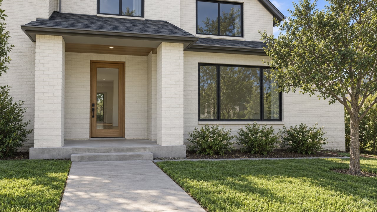 Two-story ivory painted-brick home with dark windows, a covered oak-door entry and a concrete approach across a compact green lawn.