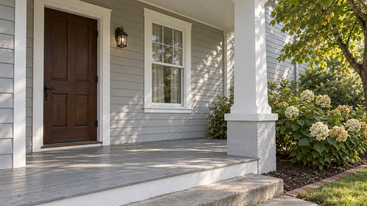 A covered front porch with pale gray clapboard, a brown wood door, white-trimmed window and hydrangeas beside a weathered concrete step.