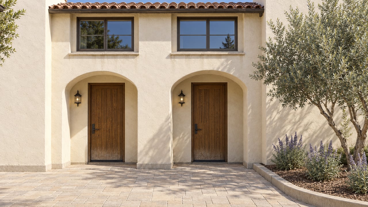 Two adjoining ivory-stucco townhome entries with oak doors, clay roof tiles, and an olive tree beside a paved communal approach.