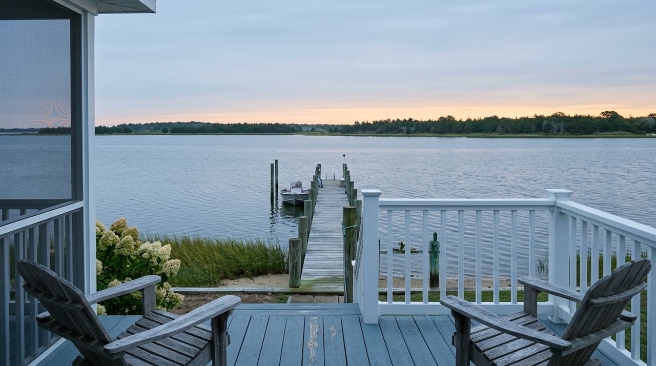 Blue-gray porch with two Adirondack chairs overlooks a single dock, moored boat, calm bay, and distant tree line at dawn.