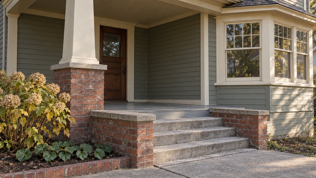 Morning light on a gray-green timber home's cream-trimmed porch, brick pier, concrete steps and bay window beside flowering hydrangea.