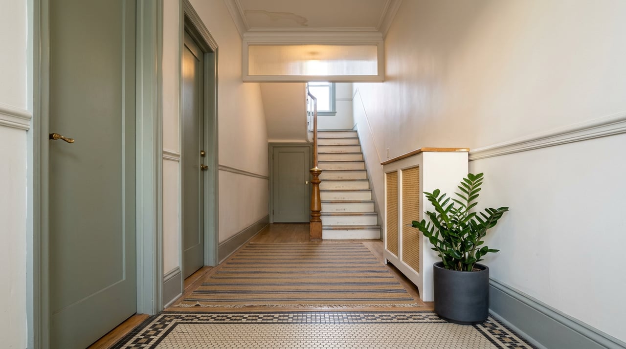 Shared rowhouse hallway with sage-green doors, a striped runner, and a staircase at the far end.