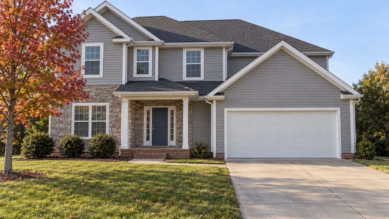 Two-story gray-sided home with a covered entry, attached garage, broad lawn, and a maple showing early autumn color.