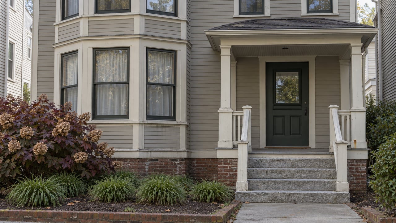 Three-story gray clapboard home with stacked bay windows, a covered green entry door, worn granite steps and autumn oakleaf hydrangea.