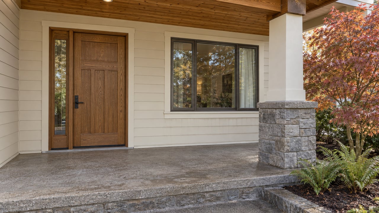 Covered residential entry with an oak door, cream lap siding, cedar beams and a copper-red Japanese maple beside a raised concrete porch.