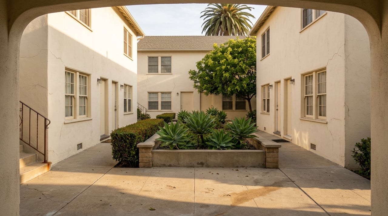 Apartment courtyard framed by a breezeway arch, with agaves, a leafy tree, and a palm above the roofline.