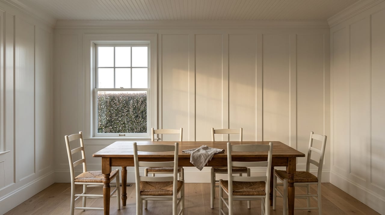 Dining nook with oak table, rush-seat chairs, paneled walls, and hedge visible through window.
