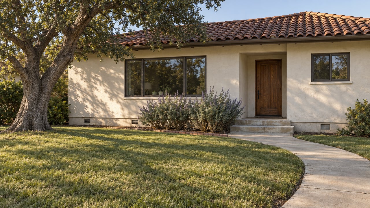 Low terracotta-roofed stucco home behind a deep lawn, with a mature oak and curved concrete entry walk in late-afternoon light.