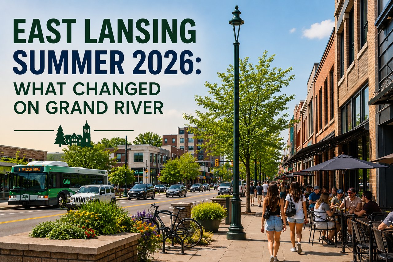 Grand River Avenue street scene with pedestrians and CATA bus, East Lansing Summer 2026