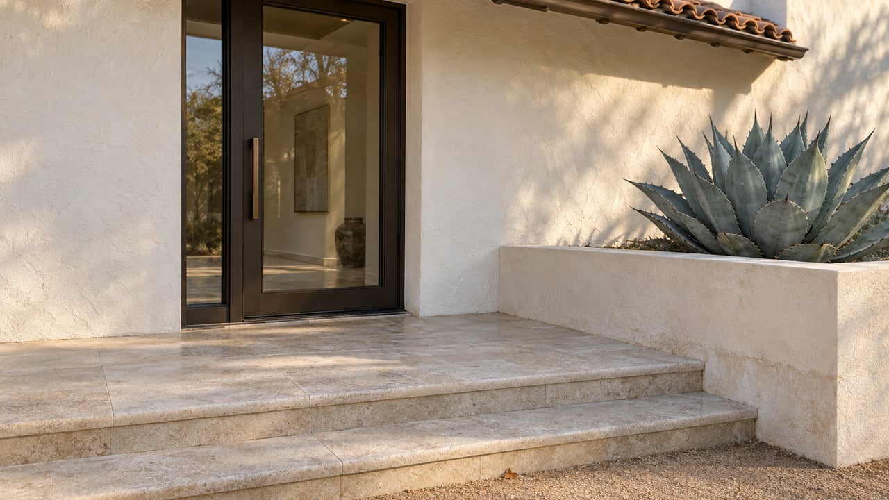Bronze-framed glass entry door beside a blue-gray agave in a stucco planter, above limestone steps.