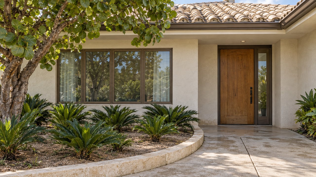 Warm ivory house with a sheltered timber entry, bronze-framed window, rain-darkened concrete walk and mature sea grape planting.