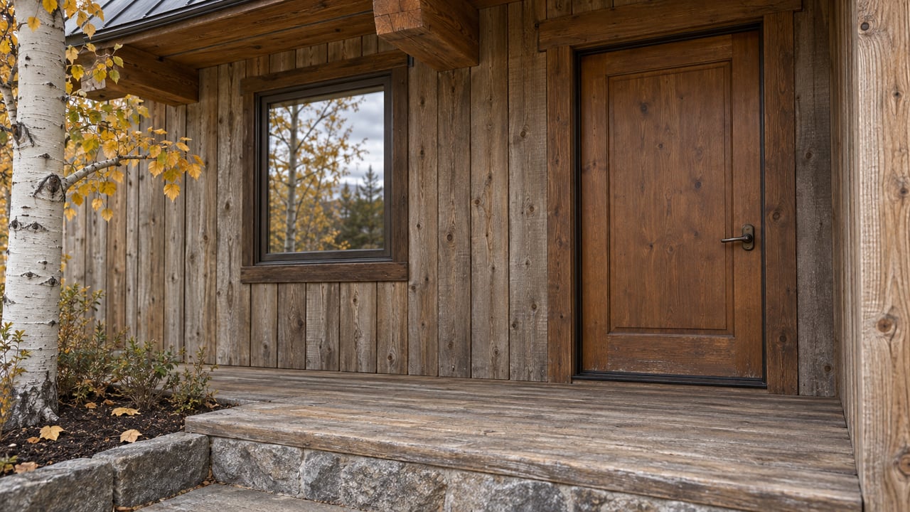 Weathered timber cabin entry with a closed fir door, glazed window, stone-edged porch and a yellow-leaved aspen branch.