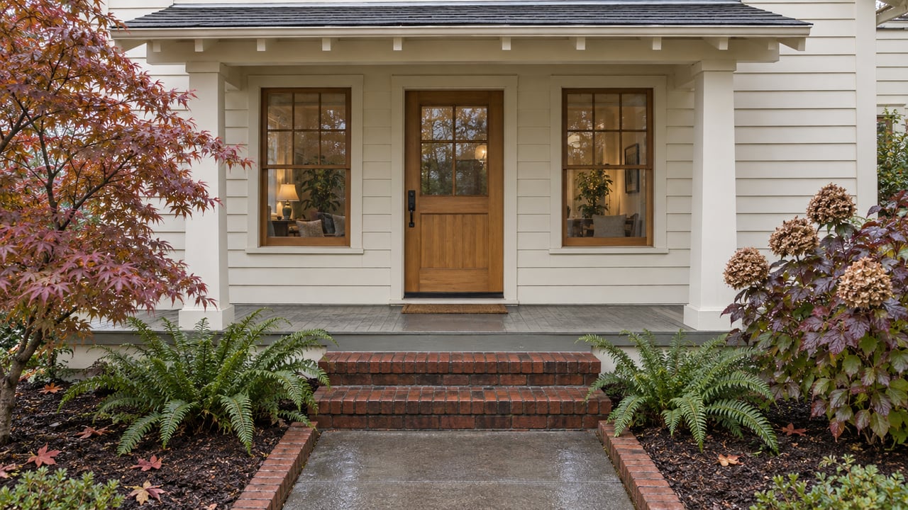 An ivory-sided cottage entry with a wood door, paired multi-pane windows, rain-darkened brick steps and copper-red maple leaves.