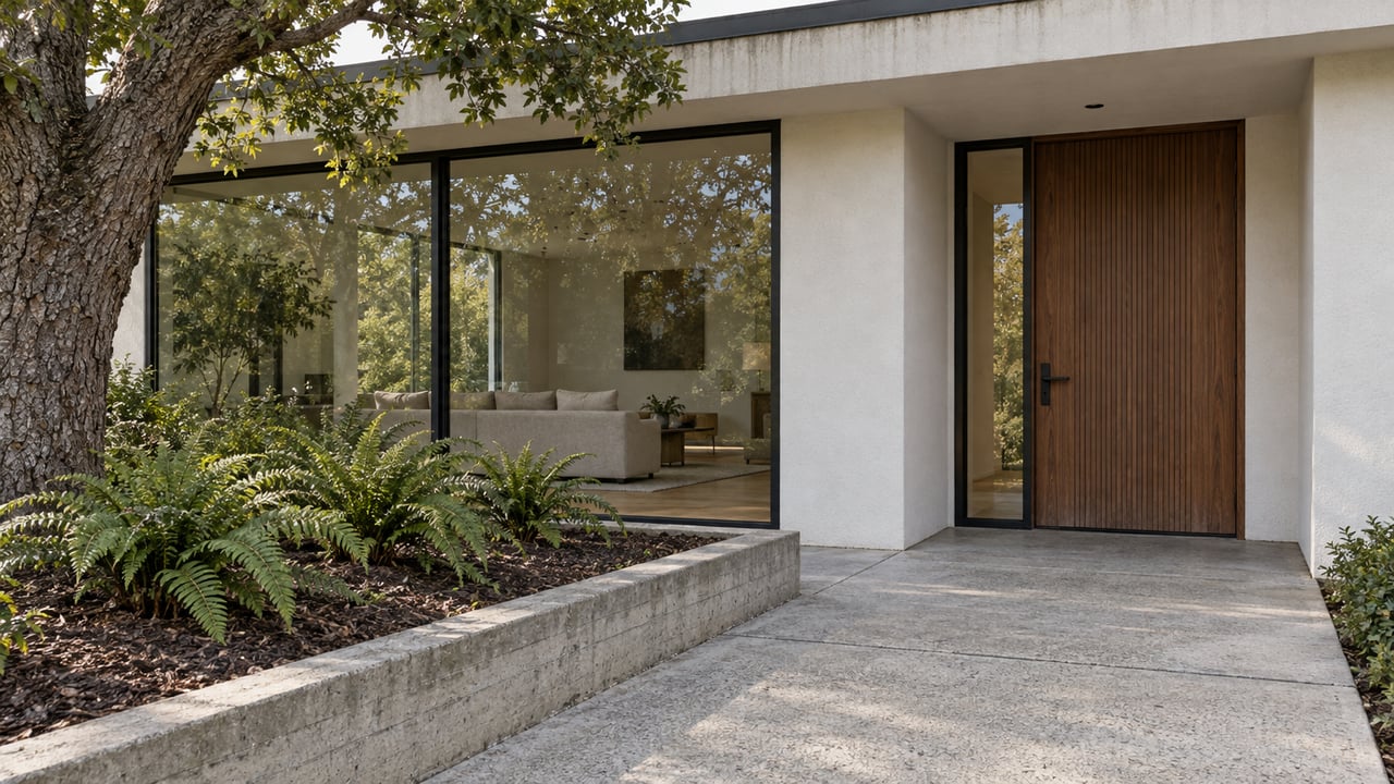 Walnut entry and broad black-framed windows beside a weathered concrete terrace, a mature live oak and three sword ferns.