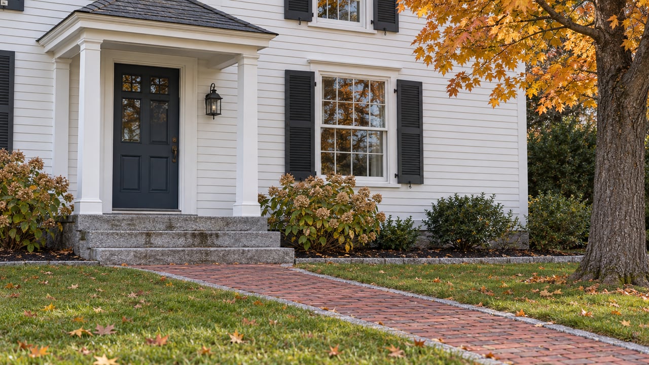 White clapboard home with a slate-blue front door, granite steps, brick walk, and amber maple foliage.